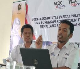 Direktur Riset VOXinstitute Albion Zikra didampingi Direktur Eksekutif Fendri Jaswir memaparkan hasil survei tentang elektabilitas parpol di Provinsi Riau.